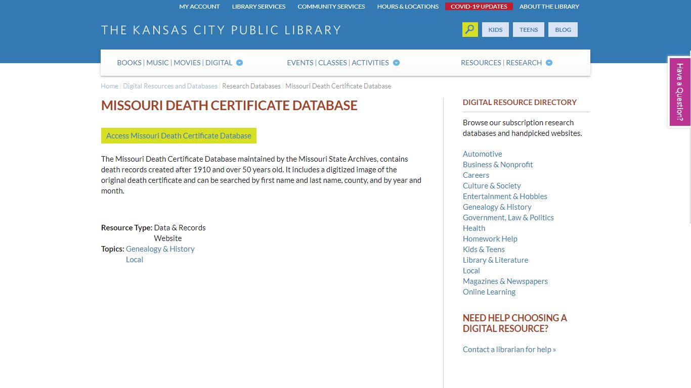 Missouri Death Certificate Database | Kansas City Public ...